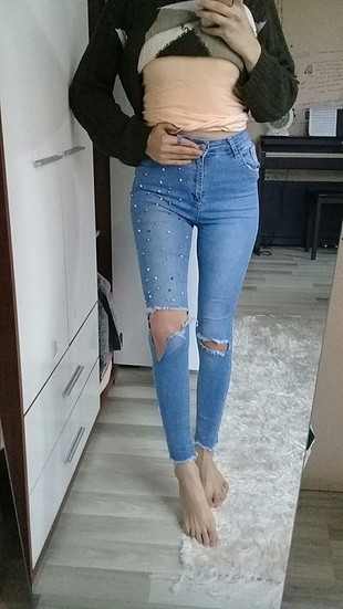 taşlı yüksek bel kot pantolon