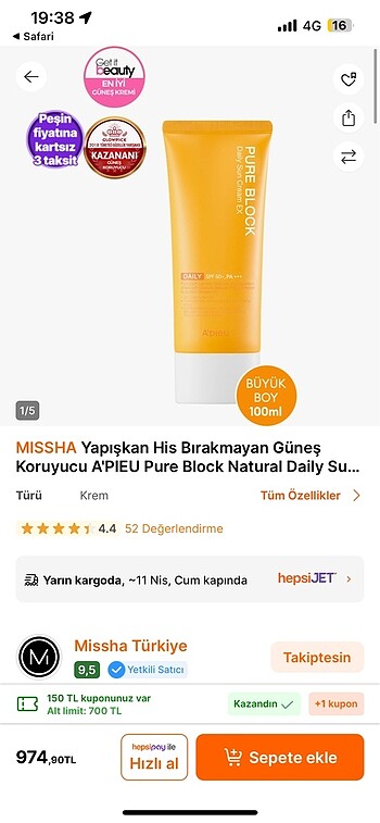 MİSSHA SIFIR GÜNEŞ KREMİ PURE BLOCK
