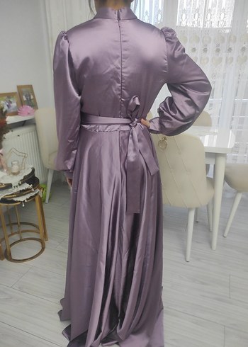 Uzun Kollu Mor Saten Abiye Elbise - Görsel 6