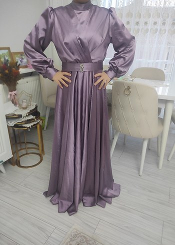 Uzun Kollu Mor Saten Abiye Elbise - Görsel 2