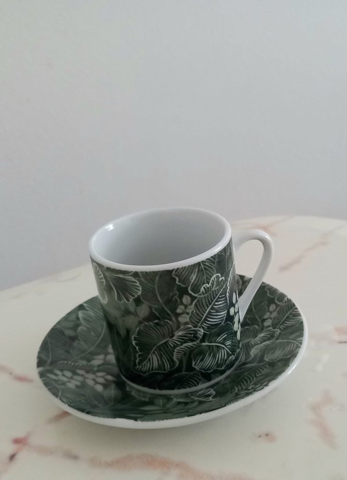 Yeşil Yaprak Desenli Kahve Fincanı ve Tabağı - Görsel 2