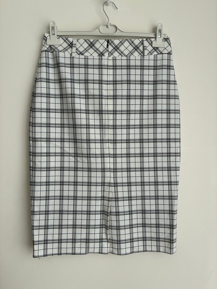 Ekose Desenli Beyaz Midi Kalem Etek - Görsel 3