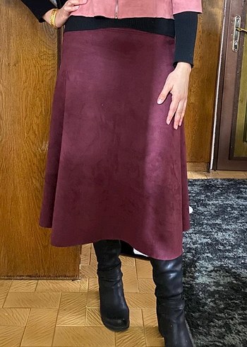 Bordo Süet Midi Drapeli Kadın Etek - Görsel 7