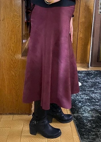 Bordo Süet Midi Drapeli Kadın Etek - Görsel 6