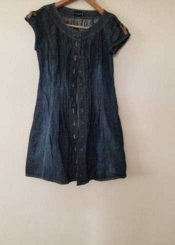 Düğmeli Kısa Kollu Lacivert Denim Elbise