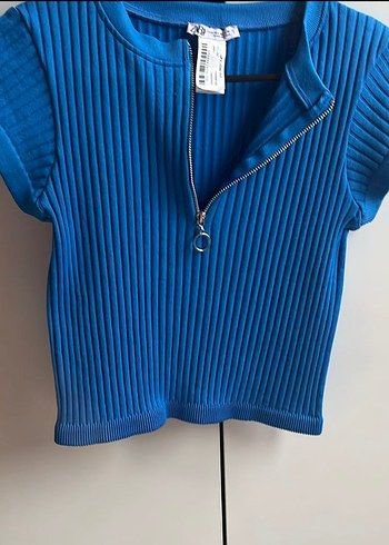 Zara Fermuarlı Mavi Kısa Kollu Bluz