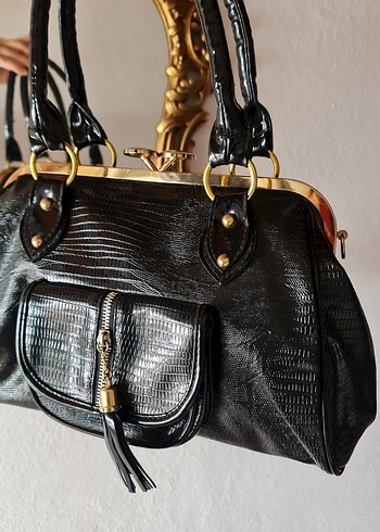 Siyah Yılan Derisi Desenli vintage Çanta - Görsel 2