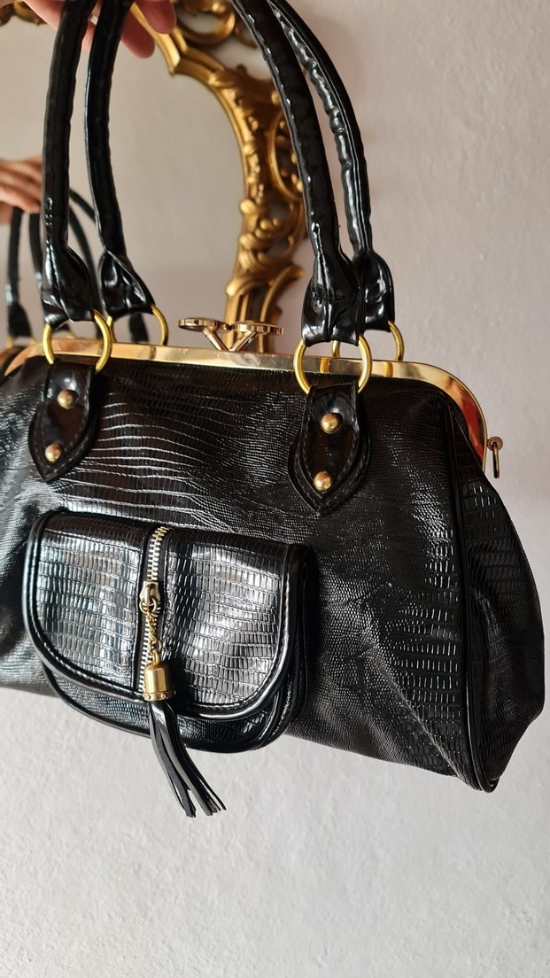 Siyah Yılan Derisi Desenli vintage Çanta - Görsel 2