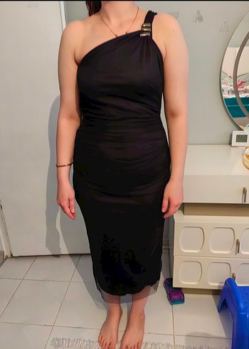 Siyah Drapeli Straplez Midi Elbise