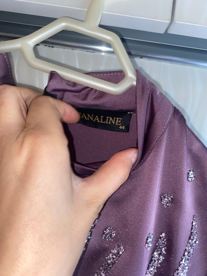 Mor Uzun Kollu İşlemeli Abiye Elbise - Görsel 3