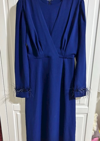 Uzun Kollu Drapeli Lacivert Elbise - Görsel 4