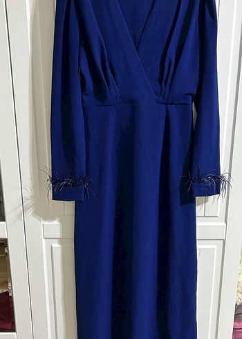 Uzun Kollu Drapeli Lacivert Elbise - Görsel 3