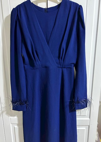 Uzun Kollu Drapeli Lacivert Elbise - Görsel 5