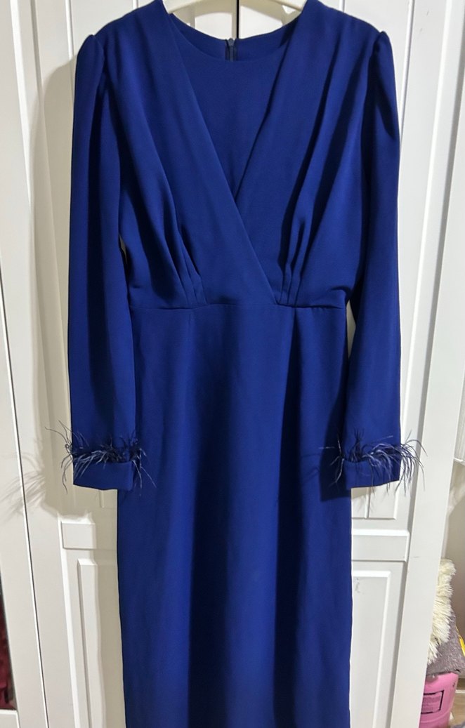 Uzun Kollu Drapeli Lacivert Elbise - Görsel 4