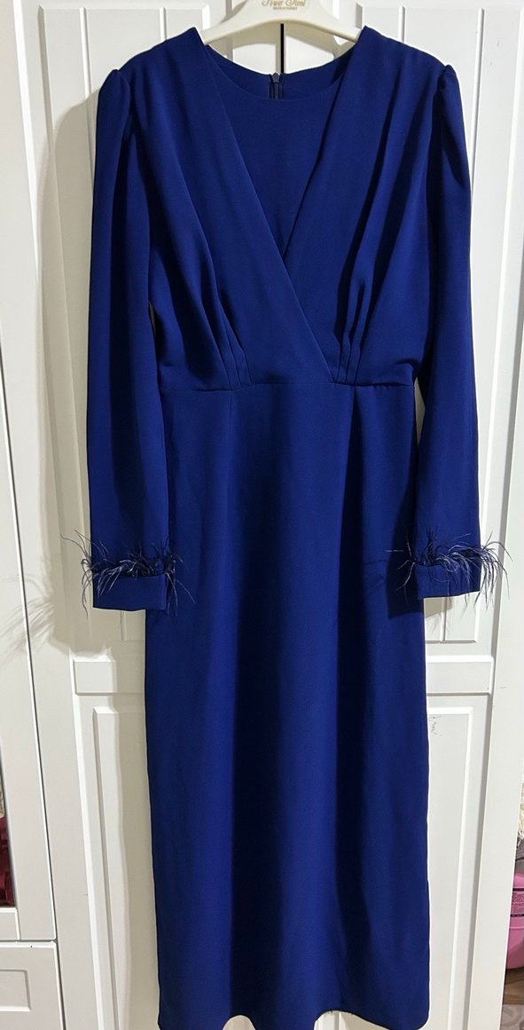 Uzun Kollu Drapeli Lacivert Elbise - Görsel 2