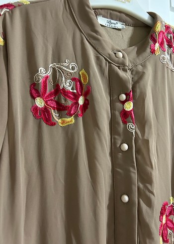 Uzun Kollu Nakışlı Kahverengi Bohem Elbise - Görsel 6