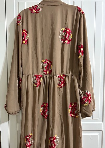 Uzun Kollu Nakışlı Kahverengi Bohem Elbise - Görsel 9