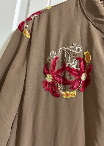 Uzun Kollu Nakışlı Kahverengi Bohem Elbise - Görsel 8