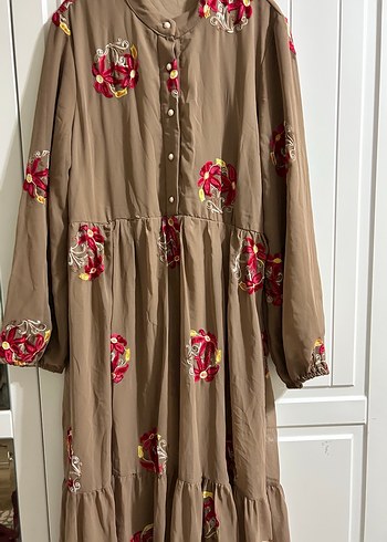 Uzun Kollu Nakışlı Kahverengi Bohem Elbise - Görsel 3