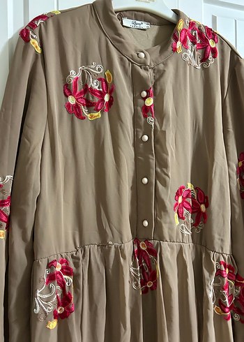 Uzun Kollu Nakışlı Kahverengi Bohem Elbise - Görsel 5