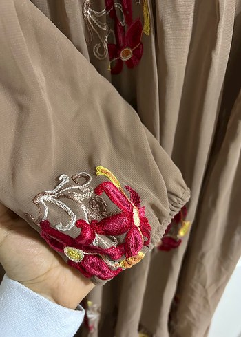 Uzun Kollu Nakışlı Kahverengi Bohem Elbise - Görsel 7