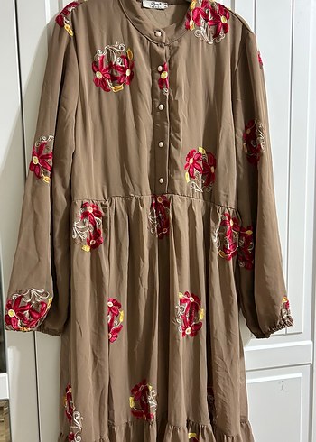 Uzun Kollu Nakışlı Kahverengi Bohem Elbise - Görsel 4