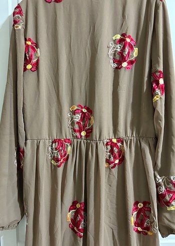 Uzun Kollu Nakışlı Kahverengi Bohem Elbise - Görsel 10