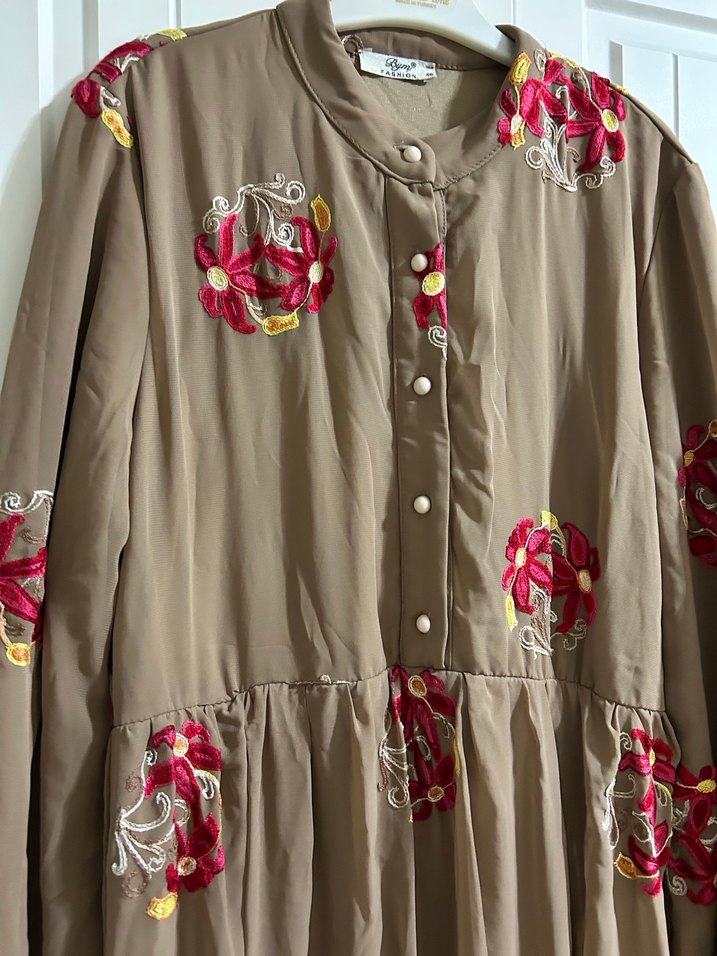 Uzun Kollu Nakışlı Kahverengi Bohem Elbise - Görsel 5