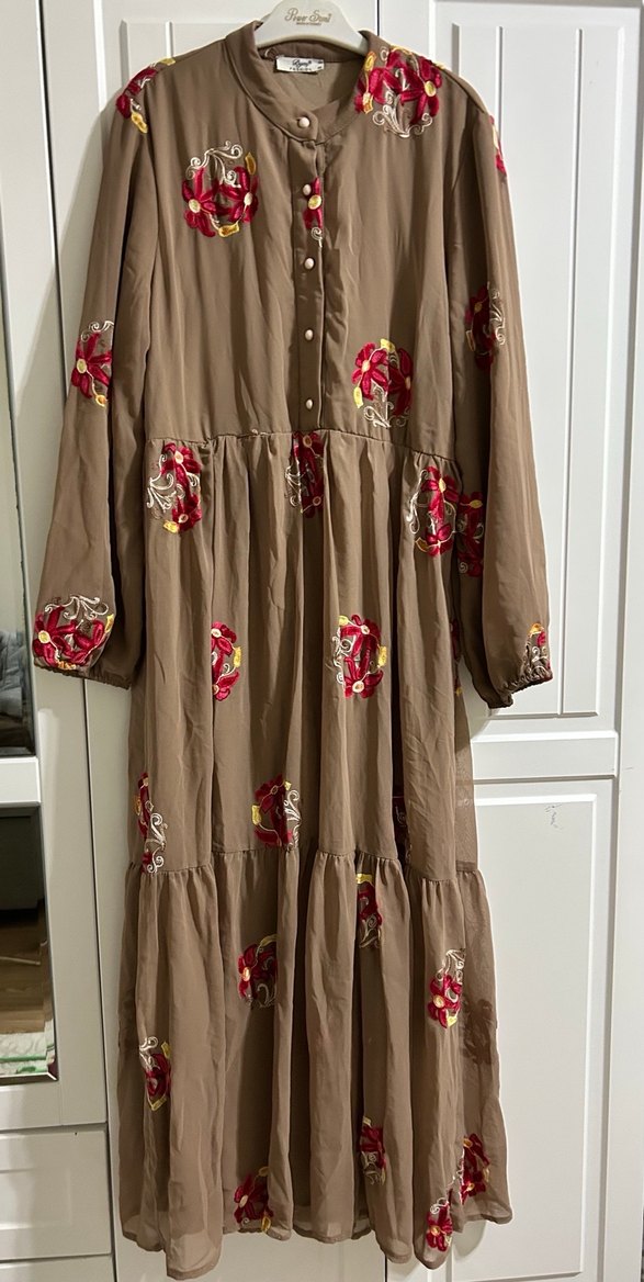 Uzun Kollu Nakışlı Kahverengi Bohem Elbise - Görsel 2