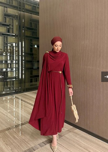 Bordo Uzun Kollu Sandy Kumaş Elbise