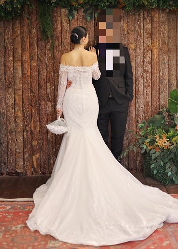 Uzun Kollu kayık yaka dantelli balık Beyaz Gelinlik - Görsel 3