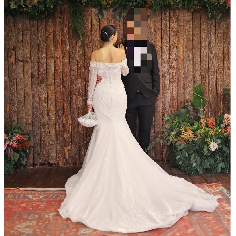 Uzun Kollu kayık yaka dantelli balık Beyaz Gelinlik - Görsel 3