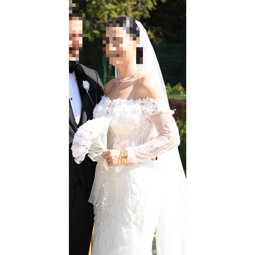 Uzun Kollu kayık yaka dantelli balık Beyaz Gelinlik - Görsel 2