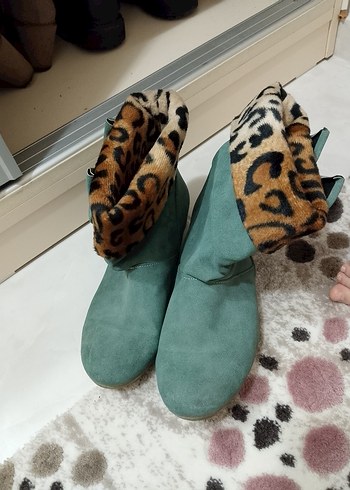 Leopar Desenli Kürklü Turkuaz Dolgu Topuk Bot - Görsel 2