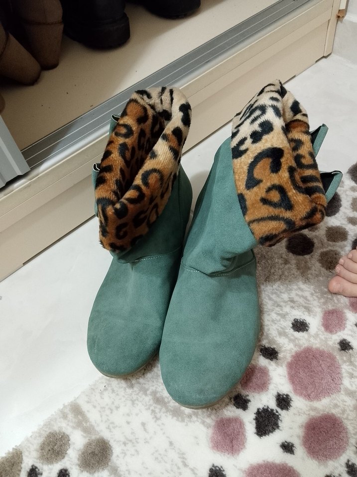 Leopar Desenli Kürklü Turkuaz Dolgu Topuk Bot - Görsel 2