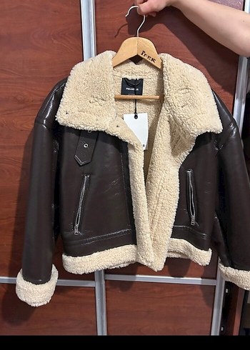 Pull and Bear Kürklü Kahverengi Deri Kadın Ceket