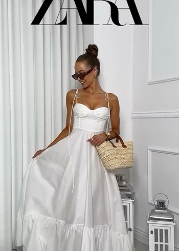 Beyaz Uzun Straplez Uzun Elbisesi Zara - Görsel 3