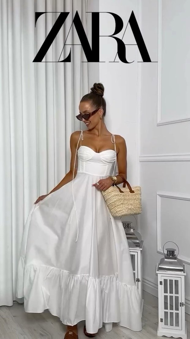 Beyaz Uzun Straplez Uzun Elbisesi Zara - Görsel 3