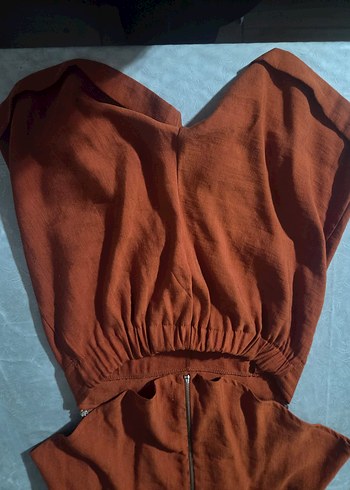 Kahverengi Keten Kısa Tulum - Görsel 6