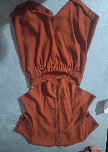 Kahverengi Keten Kısa Tulum - Görsel 5