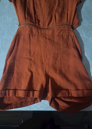 Kahverengi Keten Kısa Tulum - Görsel 2