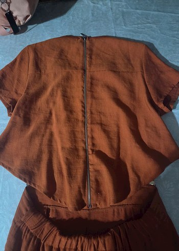 Kahverengi Keten Kısa Tulum - Görsel 7