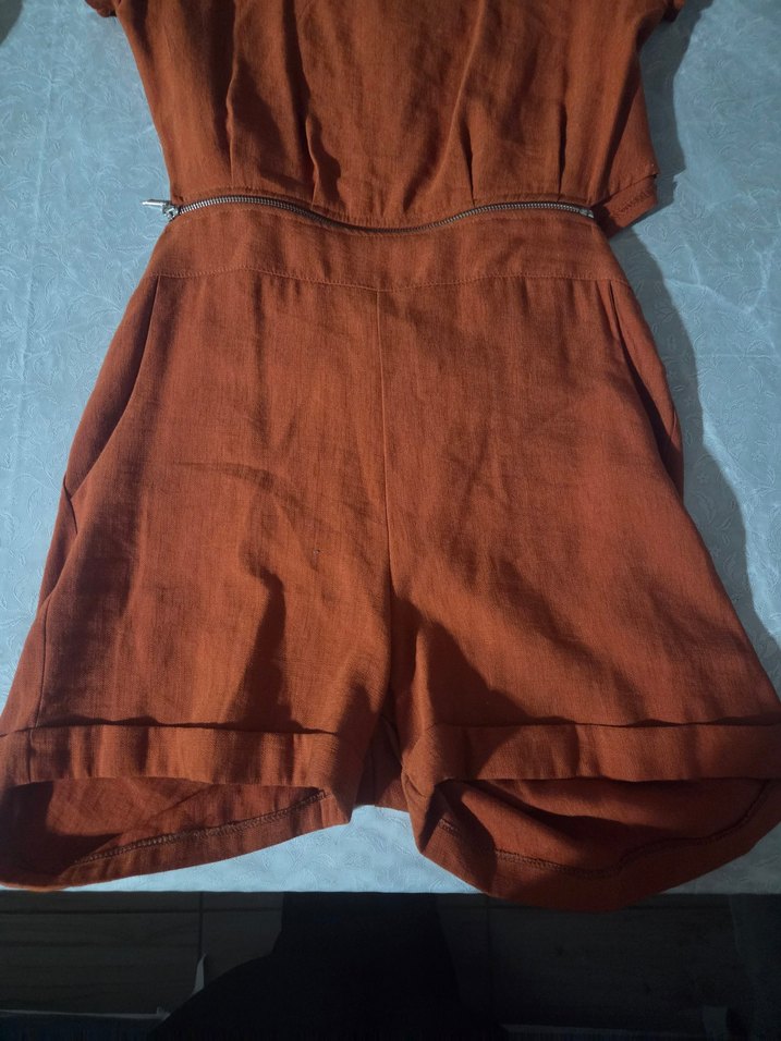 Kahverengi Keten Kısa Tulum - Görsel 2