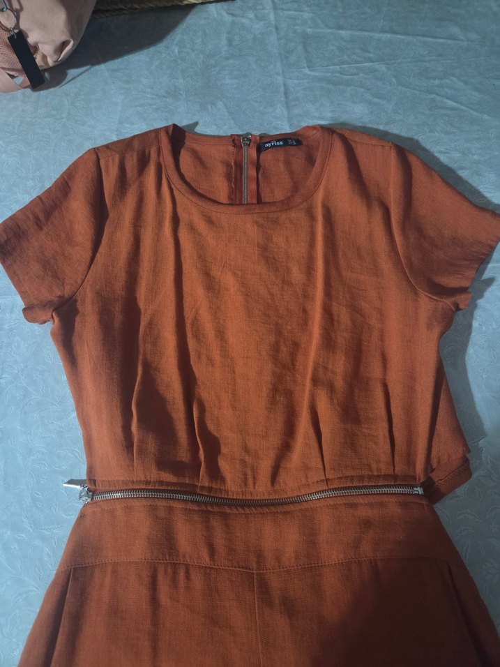 Kahverengi Keten Kısa Tulum - Görsel 4