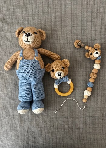 Mavi Renkli Ayıcık Çıngırak & Emzik Zinciri Seti