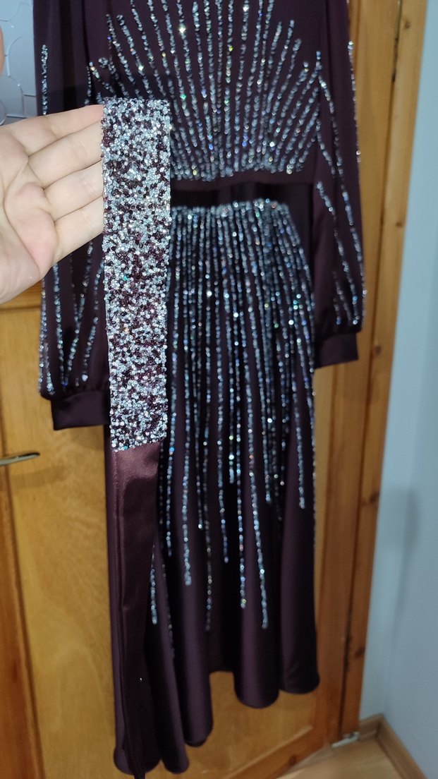 Mor Uzun Kollu Payetli Gece Elbisesi - Görsel 5