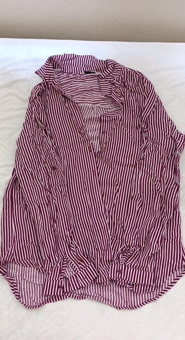 Bordo Çizgili V Yaka Uzun Kollu Gömlek - Görsel 2