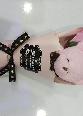 Beden Pembe Peluş Ayıcık ve Çiçek Buketi