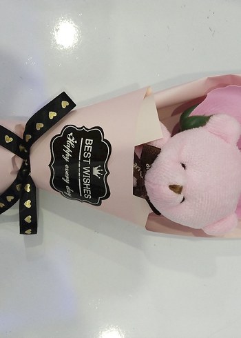 Beden Renk Pembe Peluş Ayıcık ve Çiçek Buketi