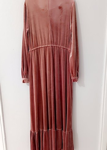 pudra rengi kadife elbise - Görsel 6